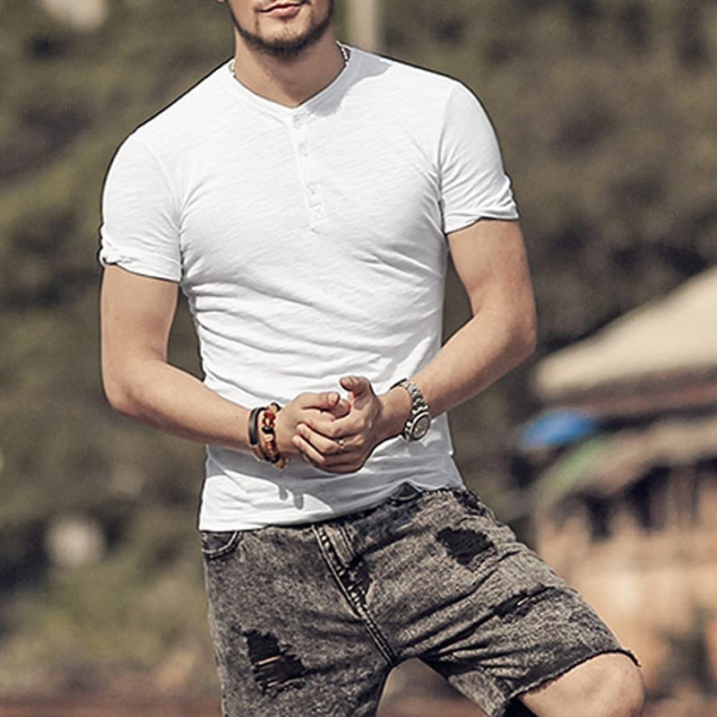 palglg Mens Regular-fit Henley T-Shirt Short-Sleeve with 3 Buttons Placket Slub Vintage Cotton White M - Image 2